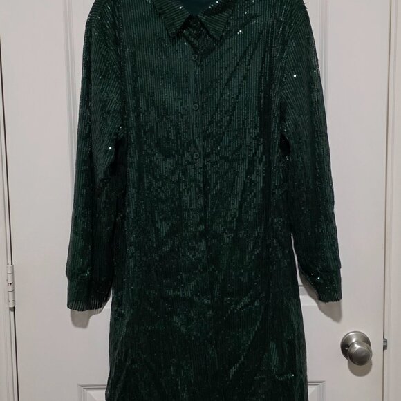 Sequin Collared Button Down Shirt Dress - Green - Picture 7 of 10